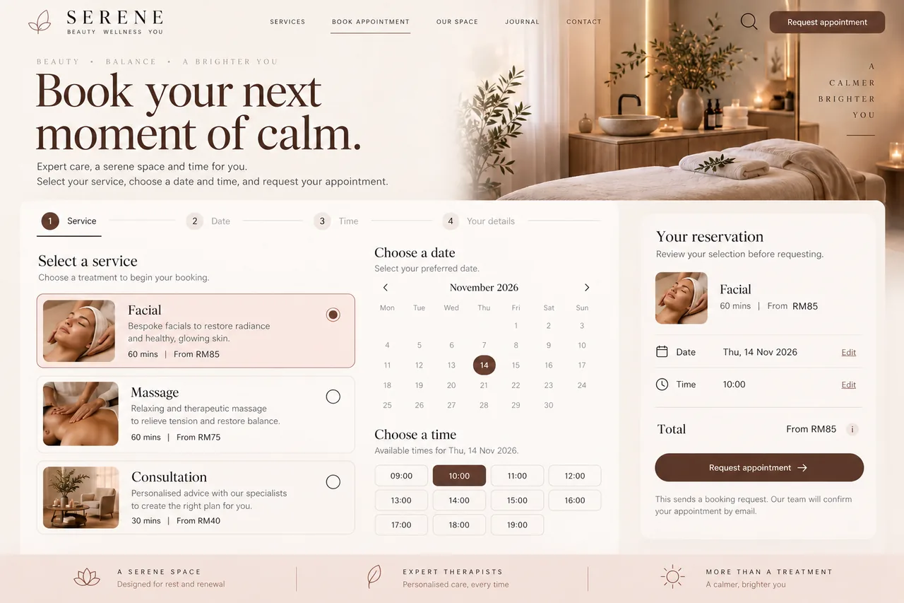 Serene: AI-generated sample website in laptop mockup