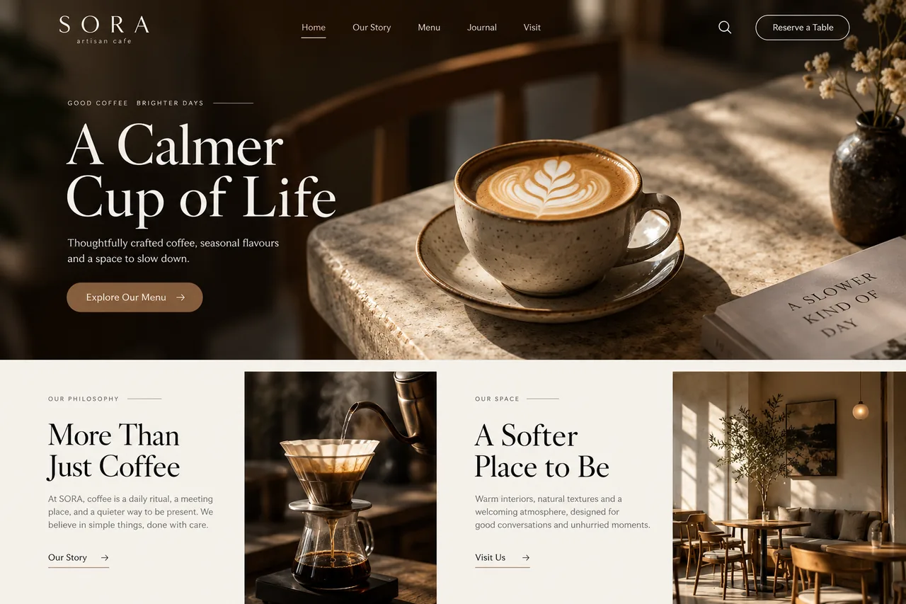 Sora: AI-generated sample website in laptop mockup