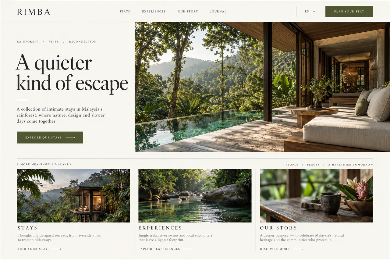 Rimba: AI-generated sample website in laptop mockup