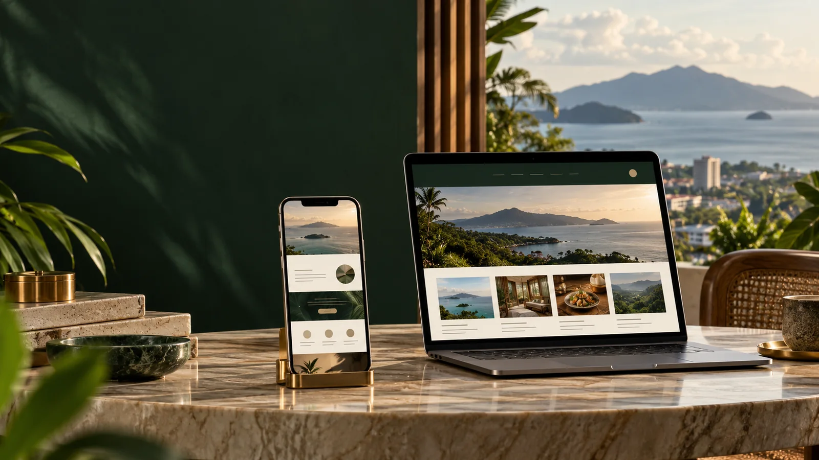 Illustrative landing-page and business-website device mockups.