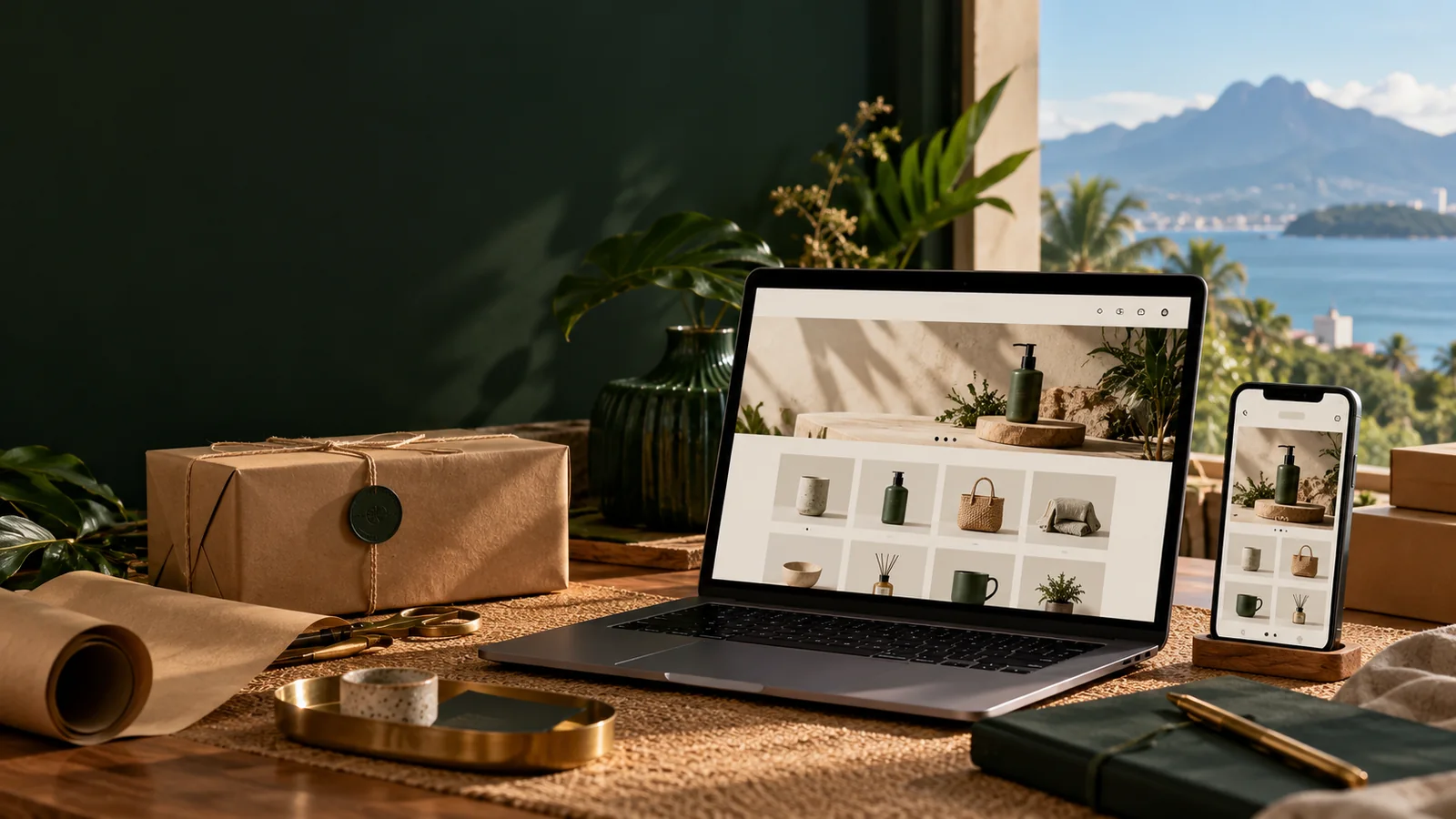 Illustrative online-store workspace with fulfilment and device mockups.